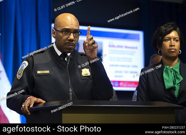 Mayor Muriel Bowser (Democrat of the District of Columbia) looks on as Washington Metropolitan Police Chief Robert Contee III speaks at a press conference on...