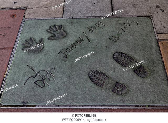 USA, California, Los Angeles, Hollywood, Hollywood Boulevard, Walk of Fame, Hand and shoeprints of Johnny Depp