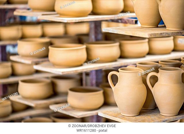 Shelves with ceramic dishware