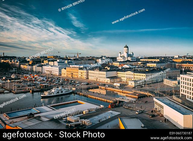Helsinki, Finland. Top View Of Market Square, Street With Presidential Palace And Helsinki Cathedral