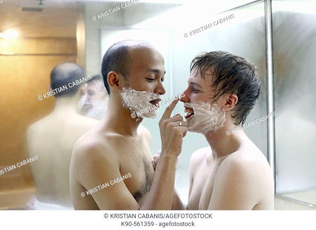 A gay couple having shave