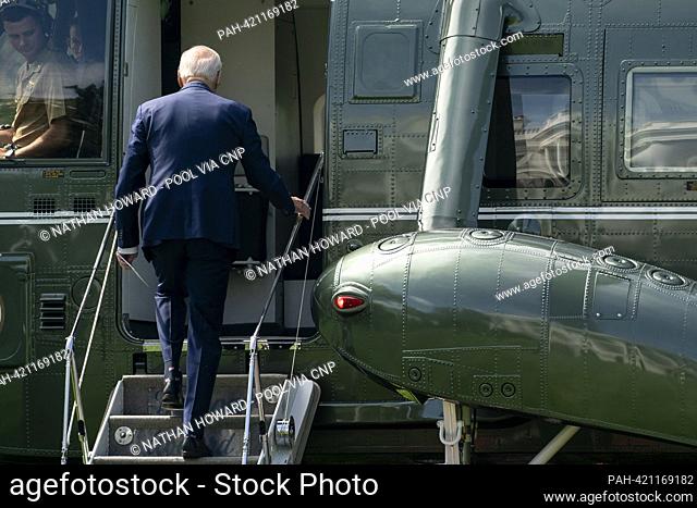 United States President Joe Biden boards Marine One on the South Lawn of the White House in Washington, DC, US, on Tuesday, Aug. 15, 2023