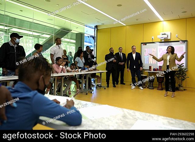 United States Vice President Kamala Harris greets children at the art class as she visits the National Museum of African American History and Culture to mark a...