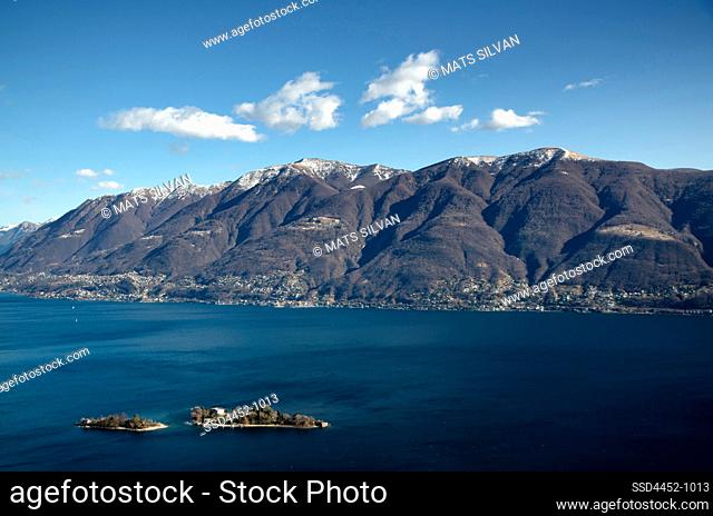 Aerial View over Brissago Islands on Alpine Lake Maggiore with Mountain in a Sunny Day in Ticino, Switzerland