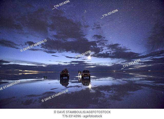 The stars and moon reflections on the Salar de Uyuni, Bolivia