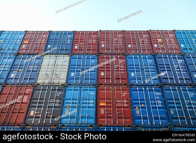 Shipping Containers terminal from Cargo freight ship for import export, logistic and international delivery concept