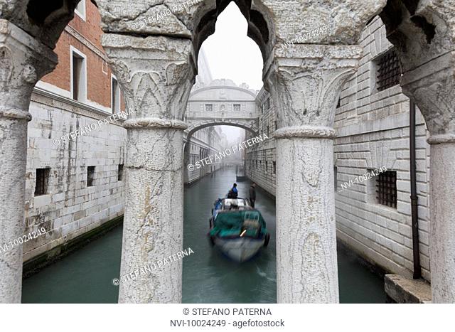 The Bridge of Sighs connects the Doge's Palace and the Prigioni Nuove in Venice, Italy