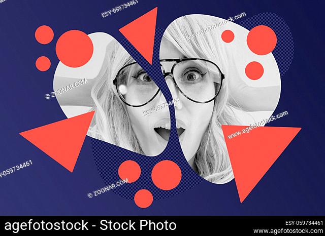 Funky woman in sunglasses. Crazy lady and surreal composition of textures, shapes, gradients. Contemporary art collage. Fashion magazine style for posters