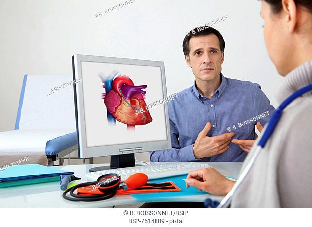 CARDIOLOGY CONSULTATION MAN Models. On screen, drawing representing an aortocoronary bypass