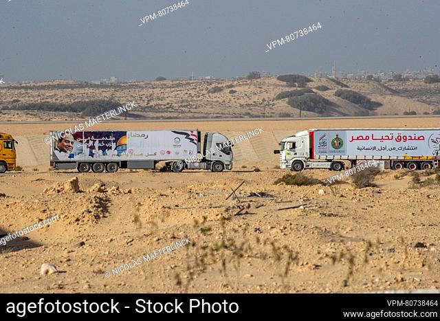 Illustration picture shows trucks at the Al Arish airport waiting to go to the Rafah border crossing, in the southern Gaza Strip in the State of Palestine