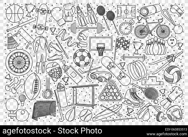 Sport doodle set. Colection of hand drawn sketches templates patterns of football tennis basketball games prizes trophy on transparent background
