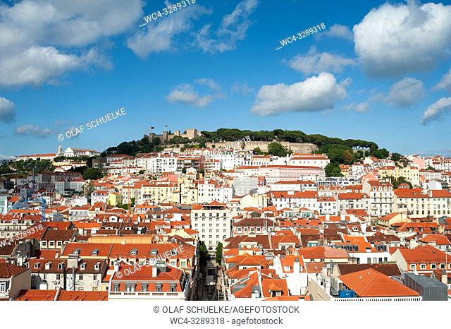 Lisbon, Portugal, Europe - An elevated view of the historic city district Baixa with the Castelo de Sao Jorge in the backdrop