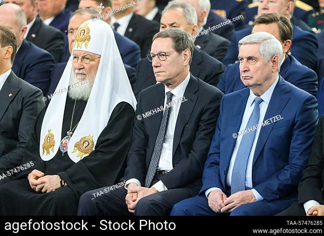 RUSSIA, MOSCOW - FEBRUARY 21, 2023: Patriarch Kirill of Moscow and All Russia and State Duma First Deputy Speakers Alexander Zhukov