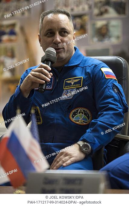 Expedition 54 Soyuz Commander Anton Shkaplerov of Roscosmos answers a question during a press conference, Saturday, December 16
