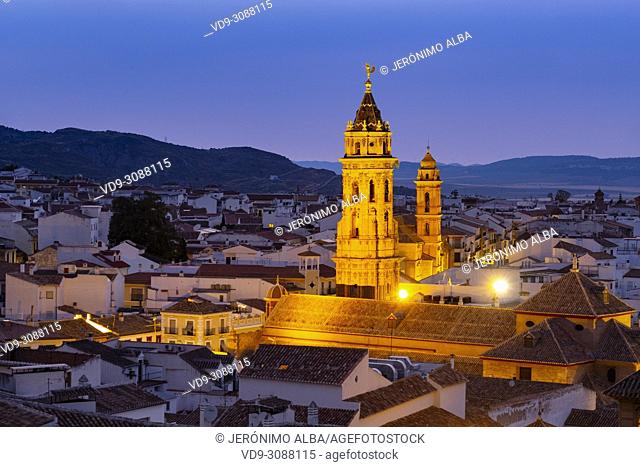 San Sebastian church at dusk, monumental city Antequera. Malaga province Andalusia. Southern Spain Europe