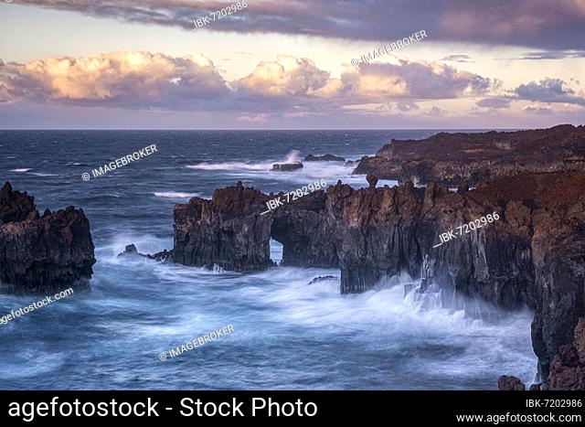 Sunset on the cliff, rocky lava coast Punta de la Dehesa, El Hierro, Canary Islands, Spain, Europe