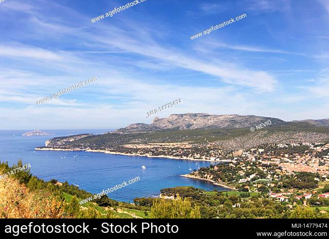Scenic view over fisher village Cassis in Southern France from limestone formation The Calanques of Marseille