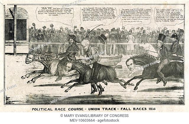 Political race course - Union Track - fall races 1836. A figurative portrayal -- clearly sympathetic to the Whig party -- of the 1836 presidential election...