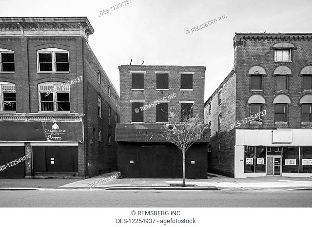 Black and white of old commercial buildings; Cambridge, Maryland, United States of America