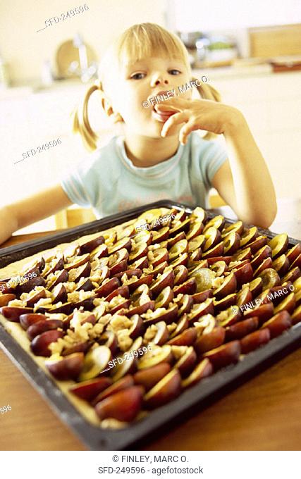 Small girl tasting plum cake on baking tray