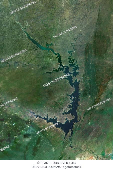 Satellite view of Lake Volta, in Ghana. It is the largest reservoir by surface area in the world, and the fourth largest by volume