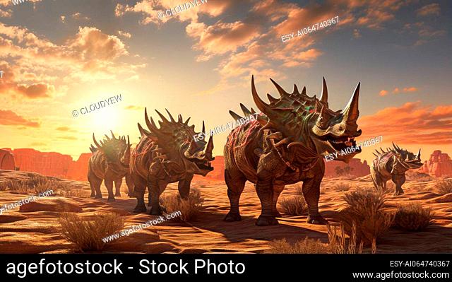 A group of Styracosaurus dinosaurs in a dramatic desert landscape
