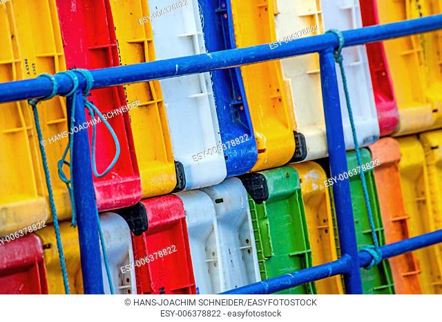 boxes on a fishing cutter in the seaport of Kolobrzeg, Poland