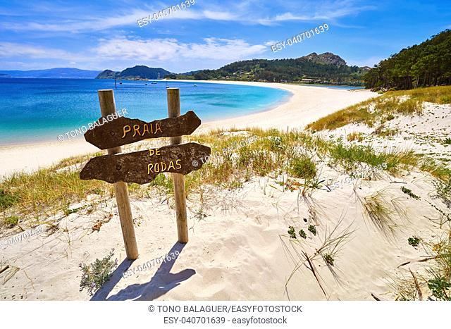 Praia de Rodas beach sign in islas Cies island in Vigo at Spain