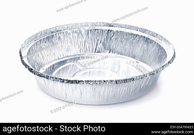 Empty disposable round aluminium food foil container isolated on white