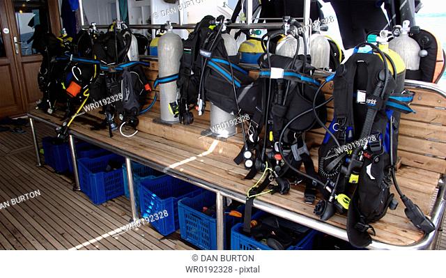 diving equipment on boat ready for a dive Hurghada Egypt