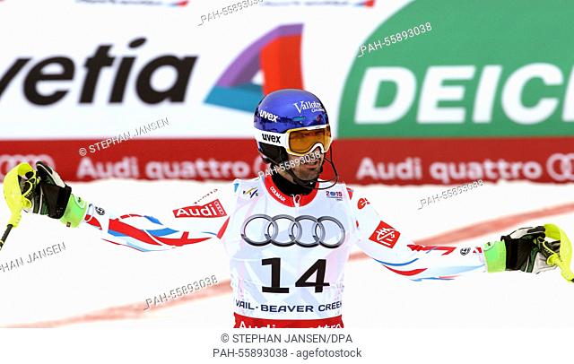 Jean-Baptiste Grange of France reacts after the first run of the mens slalom at the Alpine Skiing World Championships in Vail - Beaver Creek, Colorado, USA