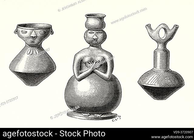 Indian antiques, Colombia. Old 19th century engraved illustration. Travel to New Granada by Charles Saffray from El Mundo en La Mano 1879