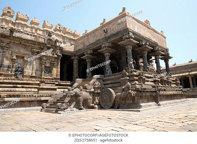 Decorated niches and steps leading to Agra-mandapa known as Raja-gambhiran, Airavatesvara Temple, Darasuram, Tamil Nadu, India. View from South