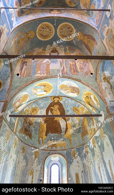 Mother of God on the Throne with Archangels Michael and Gabriel. Frescoes by Dionisius inside Cathedral of Nativity of the Virgin in Ferapontov monastery
