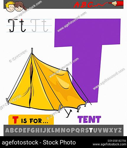 Educational cartoon illustration of letter T from alphabet with tent for children