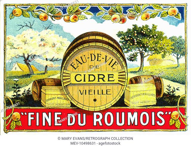 Label design for Eau de Vie de Cidre Vieille (Mature Brandy Cider), known as Fine du Roumois, marketed by Ferrant-Maillard, showing a large barrel