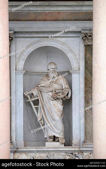 Saint Paul statue in front of the basilica of Saint Paul Outside the Walls, Rome, Italy