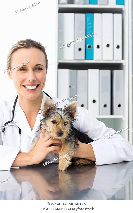 Attractive veterinarian holding dog