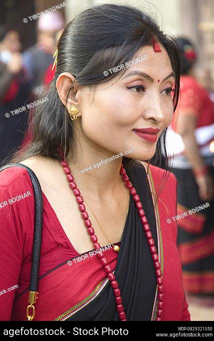 Nepal, Bhaktapur, Dashain Festival, people, young woman, portrait, , Credit:Tibor Bognar / Avalon