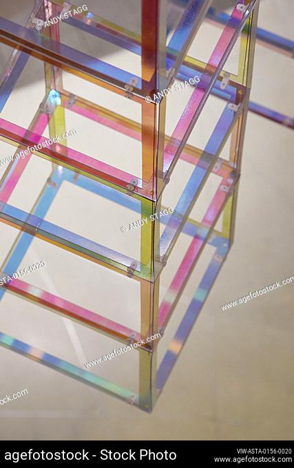 Detail of suspended light sculpture's translucent cubes. Iri-Descent , Fortnum & Mason, London, United Kingdom. Architect: Liz West, 2019