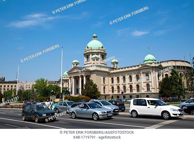 Cars on Bulevar Kralja Aleksandra street in front of Serbian national assembly parliament building central Belgrade Serbia Europe