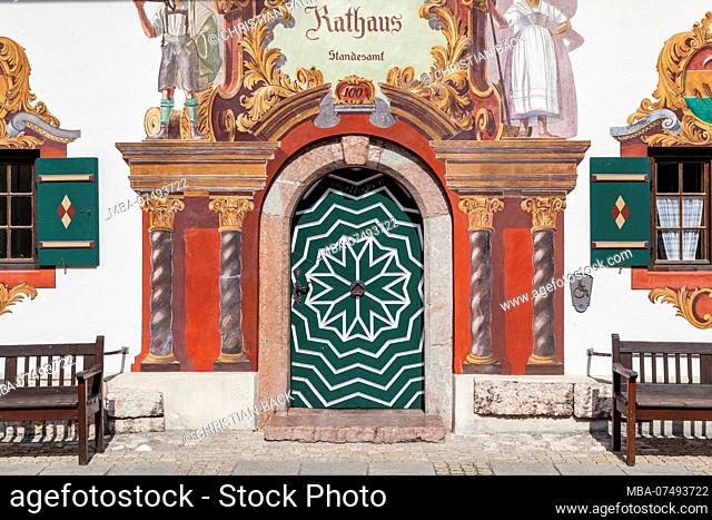 Town hall and registry office, lavishly traditional painting 'Lüftlmalerei', Ruhpolding, Chiemgau, Upper Bavaria, Bavaria, southern Germany, Germany, Europe