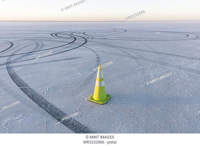 Traffic cone marking race course on the Bonneville Salt Flats