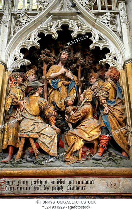 Gothic sculptures depicting scenes from the life of John The Baptist. Cathedral of Notre-Dame, Amiens, France