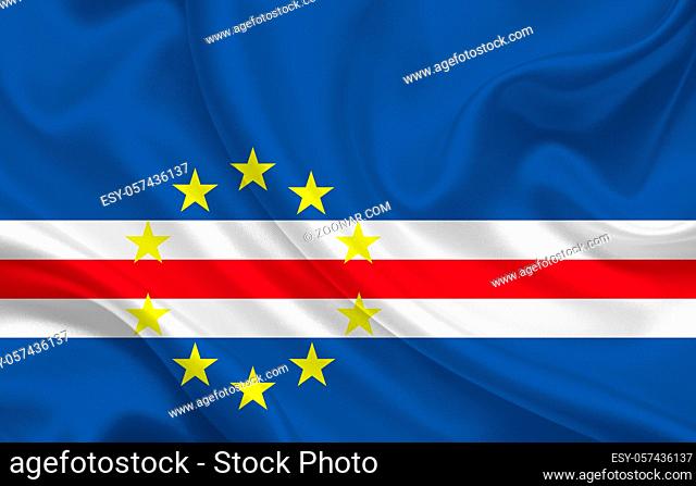Cape Verde country flag on wavy silk fabric background panorama - illustration