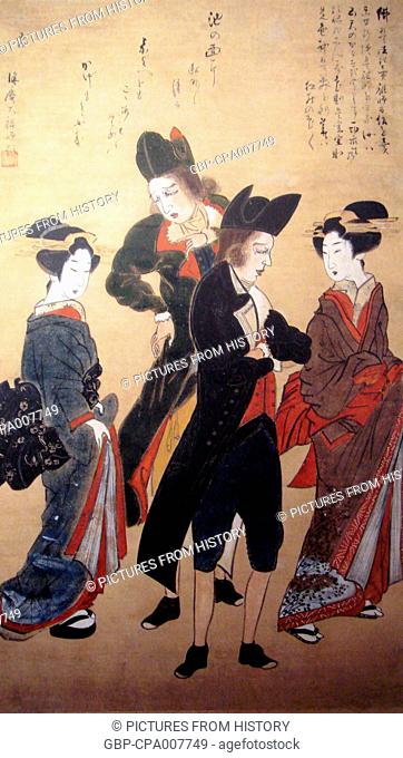 Japan: Dutch traders flirting with geishas in Nagasaki, c.1800, painted by an unknown Japanese artist