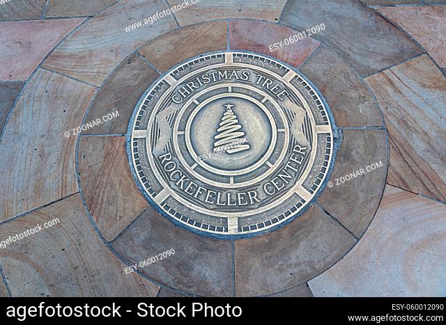 New York City, United States - September 21, 2019: Metal plate marking the location of the Christmas tree at Rockefeller Center