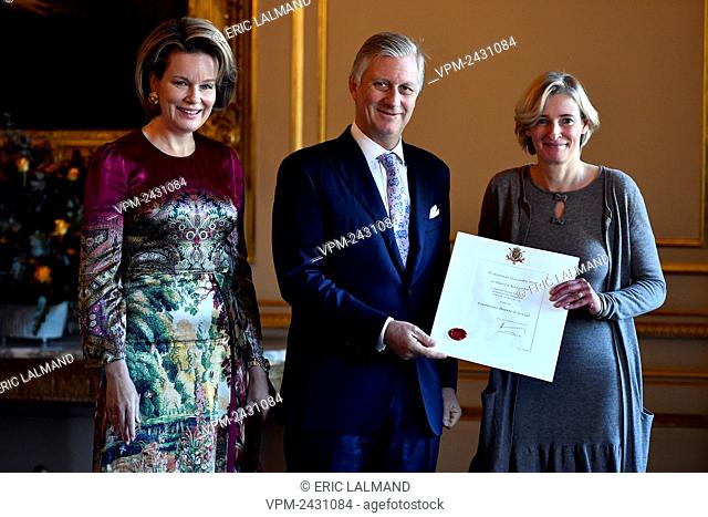 Queen Mathilde of Belgium, King Philippe - Filip of Belgium and Pascale Van Rhijn of Sarton and Associates pictured during a royal reception with the newly...