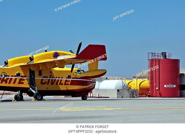 CANADAIR IN FRONT OF THE WATER SUPPLY STATION, EMULSIFIER AND RETARDANT, EMERGENCY SERVICES' FIRE-FIGHTING TANKER PLANE BASE, MARIGNANE 13, FRANCE