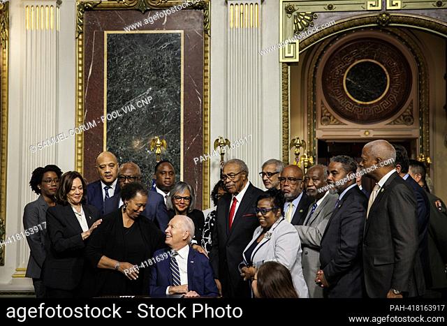 United States President Joe Biden smiles after signing a proclamation to establish the Emmett Till and Mamie Till-Mobley National Monument during an event in...